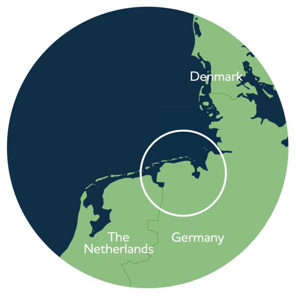 Map of Wadden Sea coastline with circle of Lower Saxon and Hamburg part.