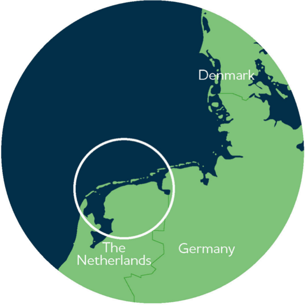 Map of Wadden Sea coastline with circle of Dutch part.